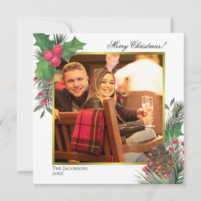 Cartes Pour Fêtes Annuelles Festive Foliage d'hiver Holly Berries & Pine Photo (Devant)