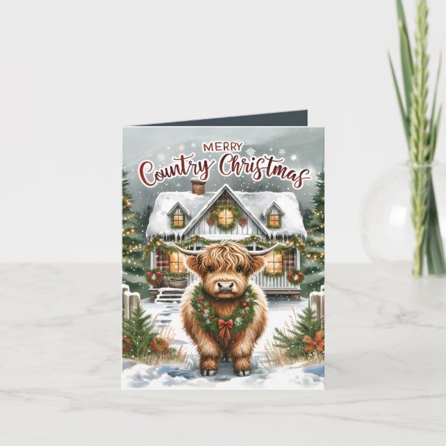 Cartes Pour Fêtes Annuelles Festive Highland vache Pays Noël (Devant)