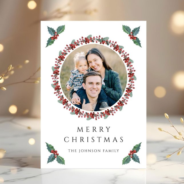 Cartes Pour Fêtes Annuelles Festive Holly Botanical Green Photo Noël (Festive Holly Botanical Greenery Photo Christmas Holiday Card)