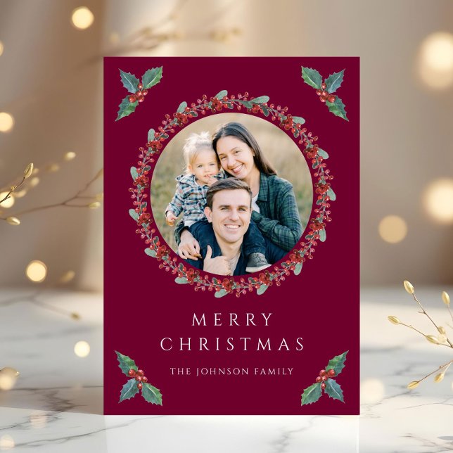 Cartes Pour Fêtes Annuelles Festive Holly Botanical Green Photo Noël (Festive Holly Botanical Greenery Photo Christmas Holiday Card)