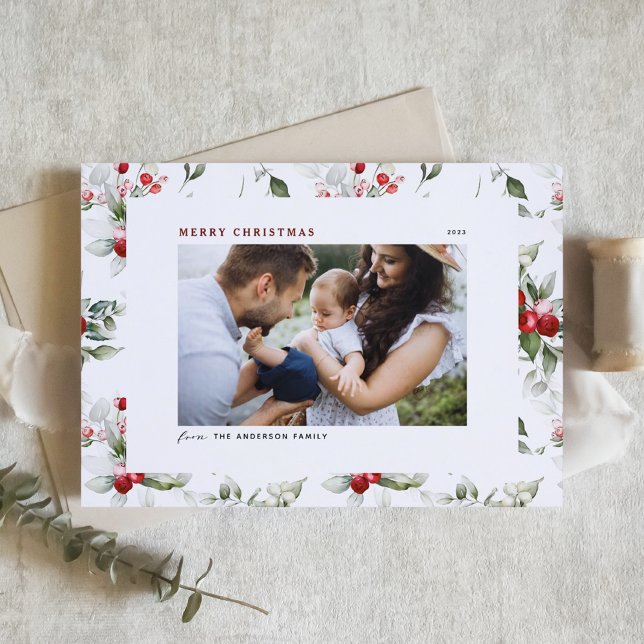 Cartes Pour Fêtes Annuelles Festive Holly Motif Joyeux Noël Photo (Créateur téléchargé)
