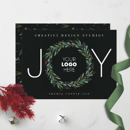 Cartes Pour Fêtes Annuelles Festive JOY Wreath Feuilles Berries Business