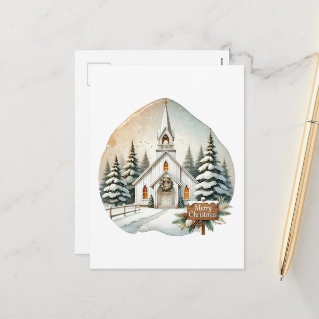 Cartes Pour Fêtes Annuelles Festive Joyeux Noël Country Church (Devant/Arrière en situation)