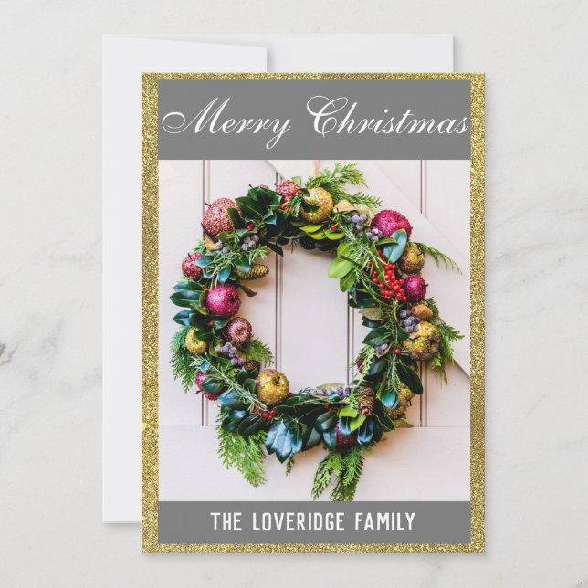 Cartes Pour Fêtes Annuelles Festive Joyeux Noël Wreath Gris & Parties scintill (Devant)
