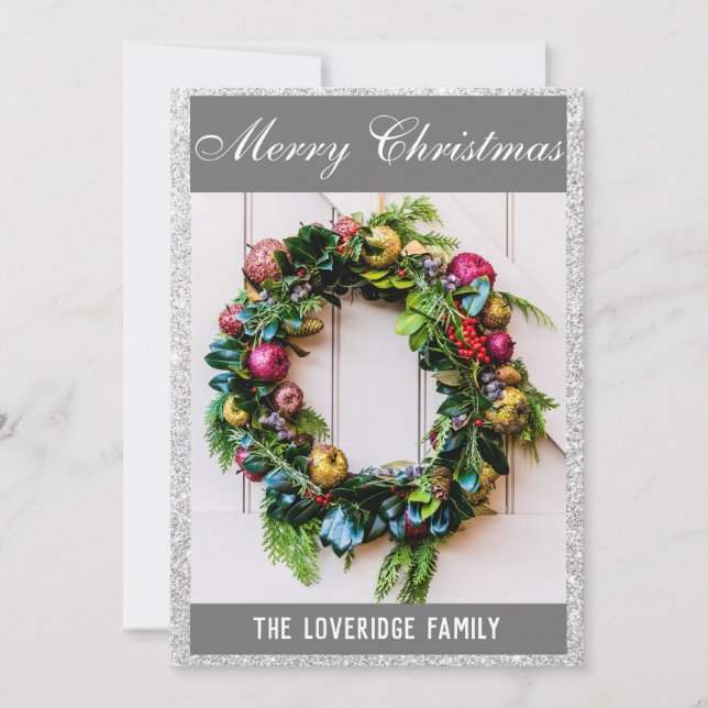 Cartes Pour Fêtes Annuelles Festive Joyeux Noël Wreath Gris Parties scintillan (Devant)