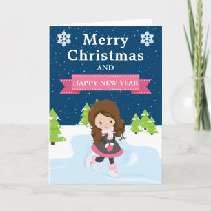 Cartes Pour Fêtes Annuelles Festive Noël Brunette Girl Ice Skater