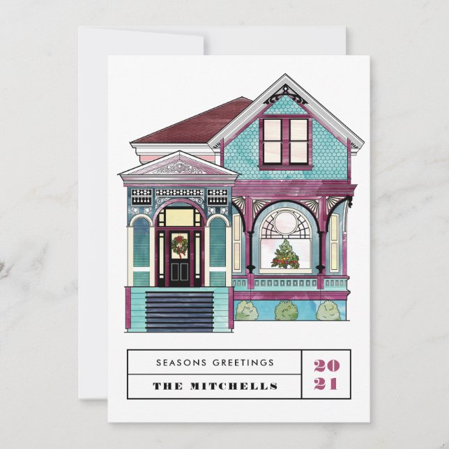 Cartes Pour Fêtes Annuelles Festive Noël Victorian Home Turquoise non photo (Devant)