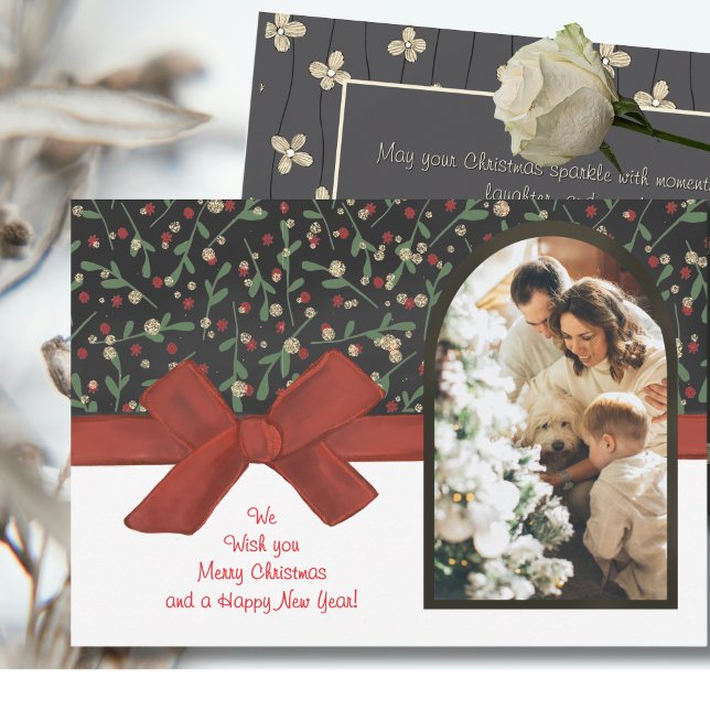 Cartes Pour Fêtes Annuelles Festive Red Bow & Floral Flat Holiday Card (Watercolor Red Bow & Floral Flat Holiday Card)