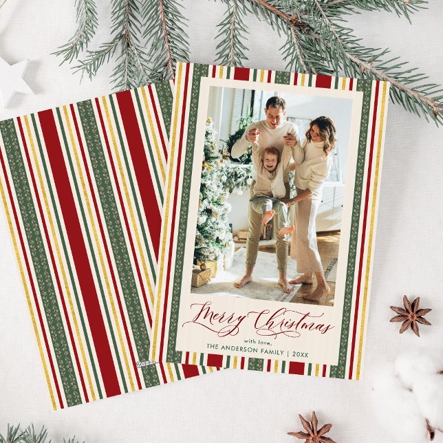 Cartes Pour Fêtes Annuelles Festive Retro Stripes Joyeux Noël Photo (Créateur téléchargé)