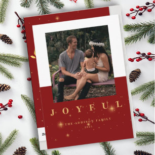Cartes Pour Fêtes Annuelles Festive Rouge & Or Joyeux Deux photos Noël
