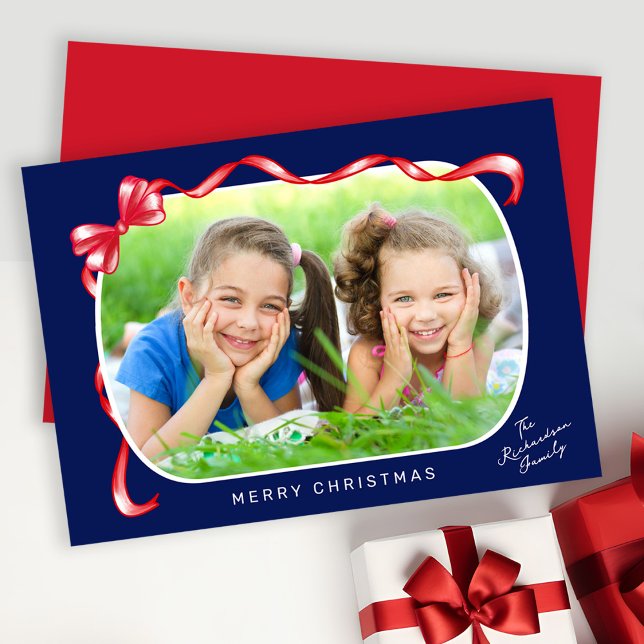 Cartes Pour Fêtes Annuelles Festive Rouge Ruban et Bow courbe photo Noël (Créateur téléchargé)