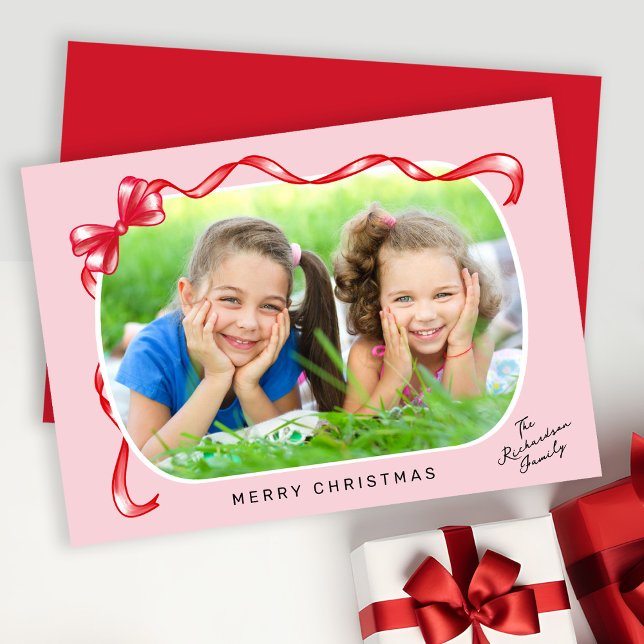 Cartes Pour Fêtes Annuelles Festive Rouge Ruban et Bow courbe photo Noël (Créateur téléchargé)