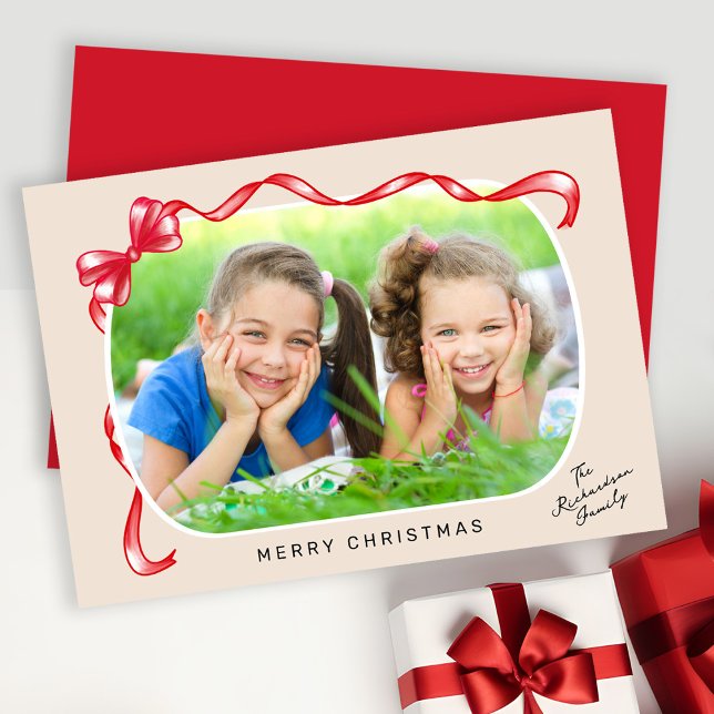 Cartes Pour Fêtes Annuelles Festive Rouge Ruban et Bow courbe photo Noël (Créateur téléchargé)