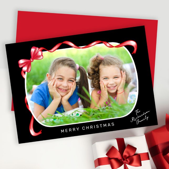 Cartes Pour Fêtes Annuelles Festive Rouge Ruban et Bow courbe photo Noël (Créateur téléchargé)