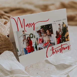 Cartes Pour Fêtes Annuelles Festive Rouge Script plié Trois photos Noël