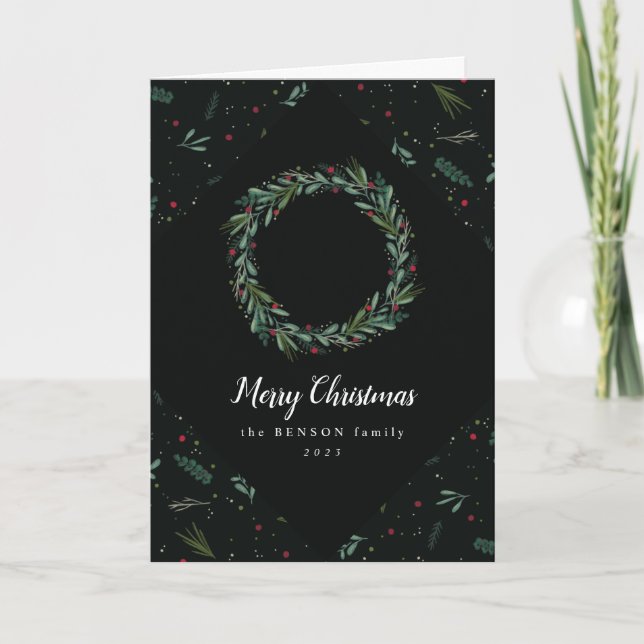 Cartes Pour Fêtes Annuelles Festive Serre de Noël Feuilles Berries pliées (Devant)