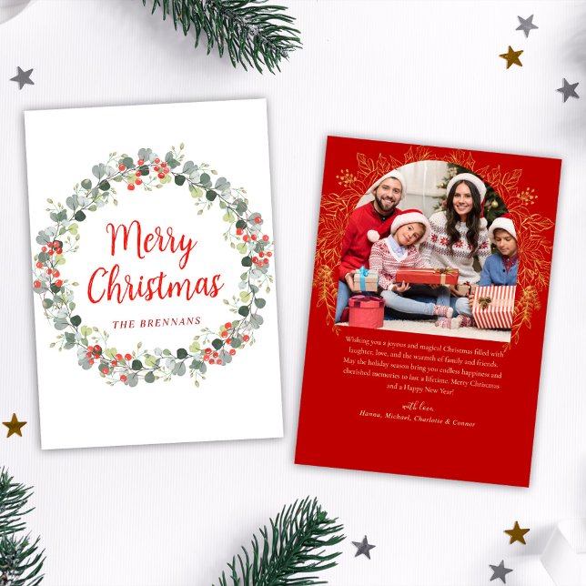 Cartes Pour Fêtes Annuelles Festive Wreath Green Photo de Noël (Festive Wreath Greenery Christmas Photo Holiday Card)