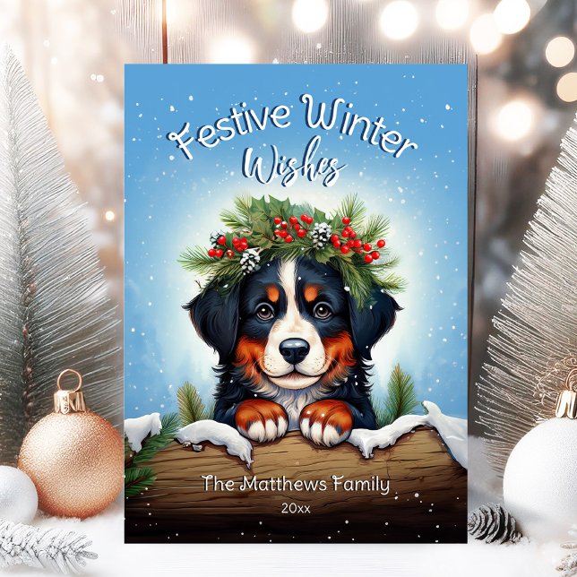 Cartes Pour Fêtes Annuelles Fête de neige souhaite l'hiver bernois chien de mo (Adorable Winter Snowy Scene With Peeking Dogs or Farm/Woodland Animals - Over 50 to Choose From!)