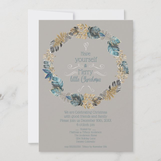 Cartes Pour Fêtes Annuelles Fête de Noël Feuilles Tropicales Bleu Poussiéreux  (Devant)