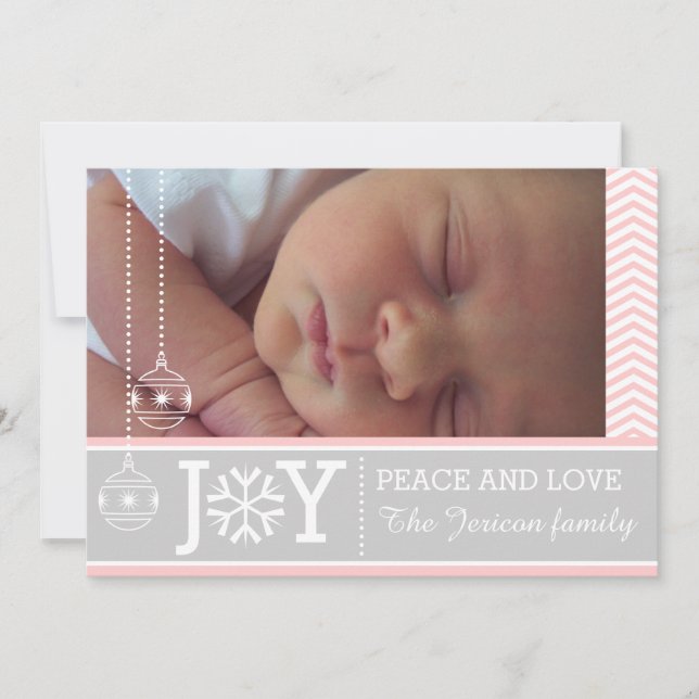 Cartes Pour Fêtes Annuelles Fête de Noël moderne rose, blanc chevron gris (Devant)