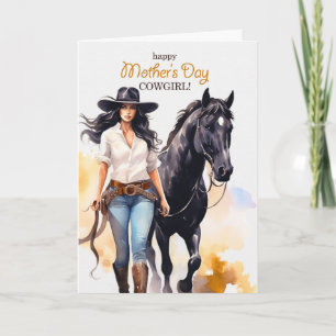 Cartes Pour Fêtes Annuelles Fête des Mères Cowgirl et Cheval Noir