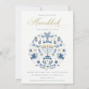 Cartes Pour Fêtes Annuelles Fête florale de Hanukkah bleu marine chic