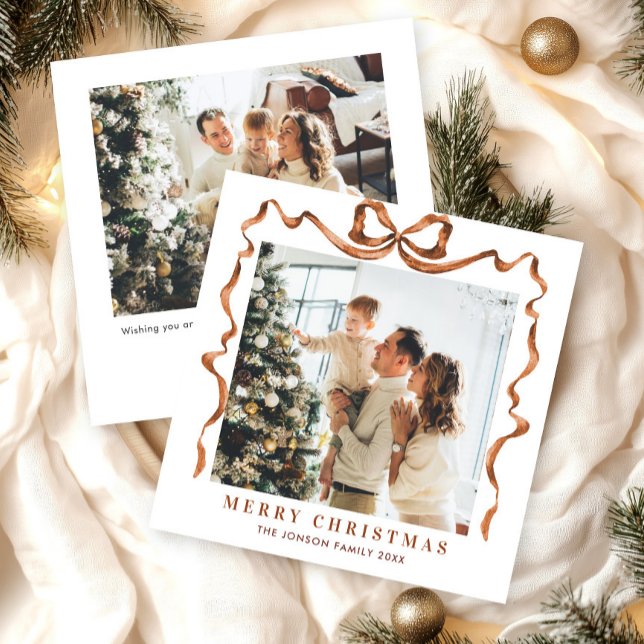 Cartes Pour Fêtes Annuelles Fête Noël Beige Boho Bow Ribbon 2 Photo (Créateur téléchargé)