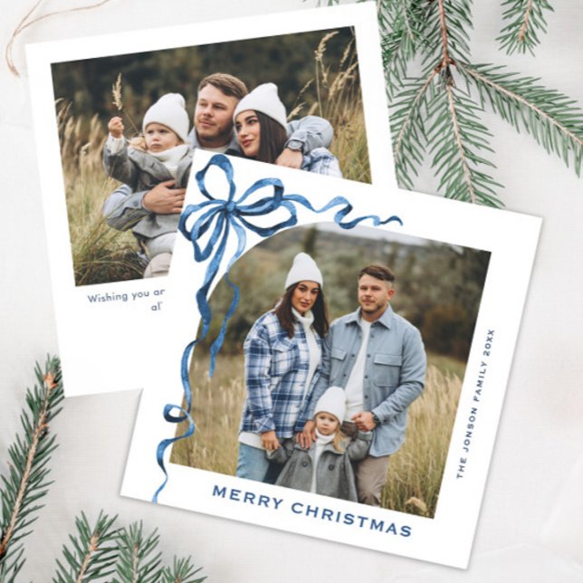 Cartes Pour Fêtes Annuelles Fête Noël Dusty Blue Bow Ribbon 2 Photo (Créateur téléchargé)