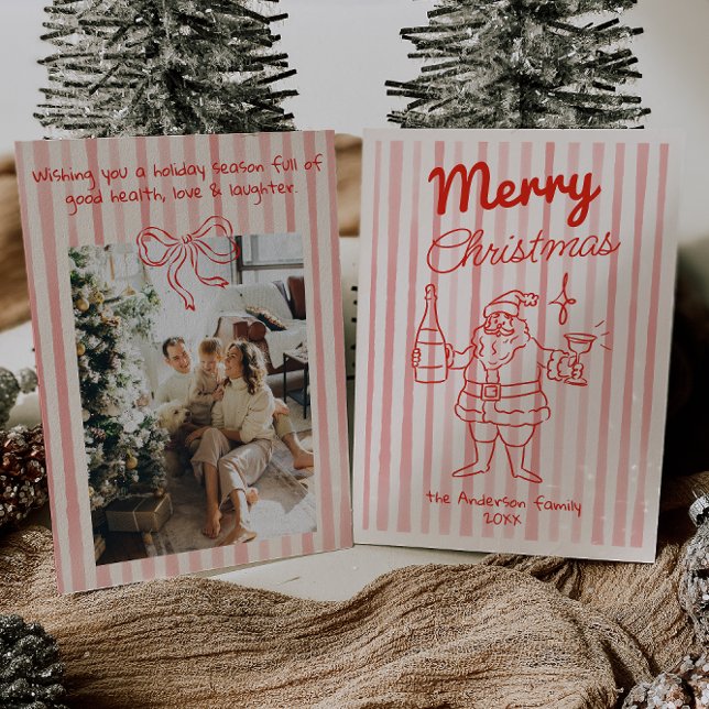 Cartes Pour Fêtes Annuelles Fête Rouge Rétro Père Noël Champagne Noël (Créateur téléchargé)