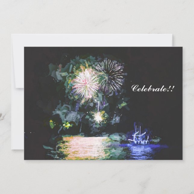 Cartes Pour Fêtes Annuelles Feu d'artifice Célébrez l'aquarelle de bateau Nouv (Devant)
