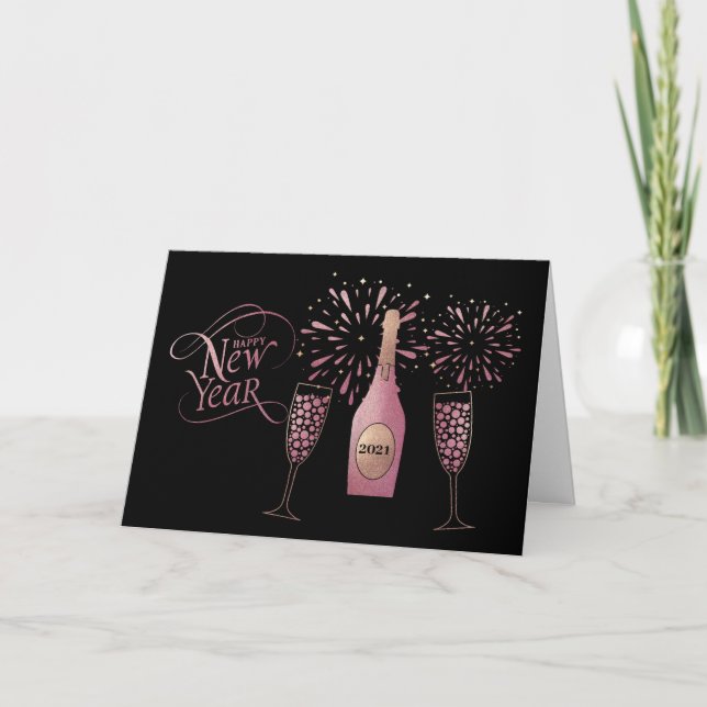 Cartes Pour Fêtes Annuelles Feu d'artifice de Champagne Rose Retro Nouvel An (Devant)