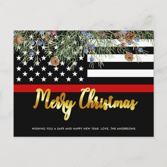Cartes Pour Fêtes Annuelles Feu de pompier Noël Mince Red Line Flag (Devant)