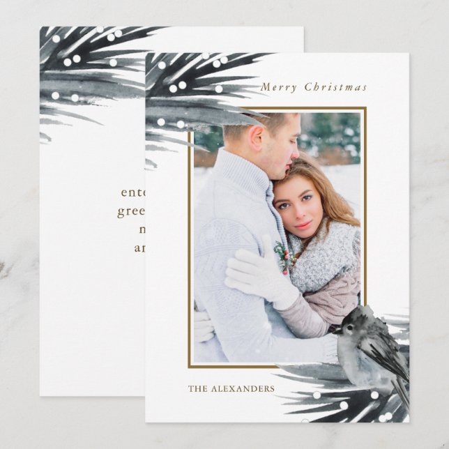 Cartes Pour Fêtes Annuelles Feuillage bleu hiver rustique Joyeux Noël Photo (Devant / Derrière)