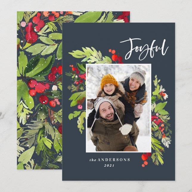 Cartes Pour Fêtes Annuelles feuillage de Noël bleu traditionnel photo rustique (Devant / Derrière)
