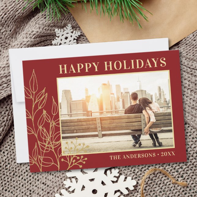 Cartes Pour Fêtes Annuelles Feuillage Doré Bourgogne Photo Joyeuses Fêtes (Créateur téléchargé)