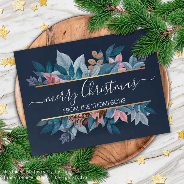 Cartes Pour Fêtes Annuelles Feuillage Floral Rose Clair Sur Bleu Foncé (Créateur téléchargé)