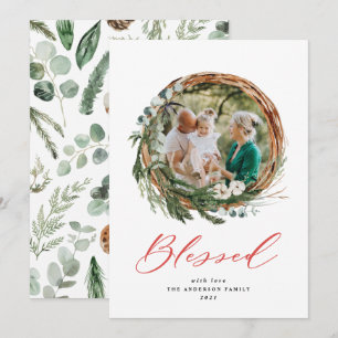 Cartes Pour Fêtes Annuelles Feuillage moderne couronne noël béni écriture roug