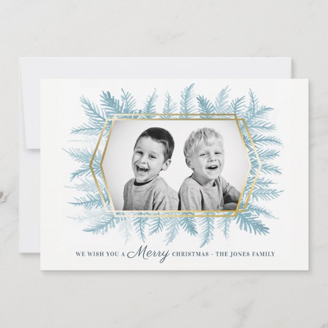 Cartes Pour Fêtes Annuelles Feuillage vert persistant hivernal aquarelle bleue (Devant)