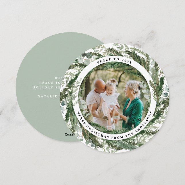 Cartes Pour Fêtes Annuelles Feuille moderne wreath écriture de paix photo vert (Devant / Derrière)
