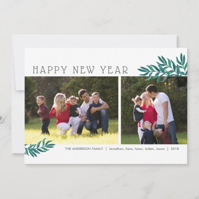 Cartes Pour Fêtes Annuelles Feuilles aquarelle | Joyeuse photo du Nouvel An De (Devant)