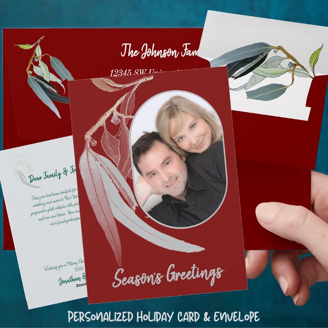 Cartes Pour Fêtes Annuelles Feuilles rouges et verts doux minimes Noël (Deep Red Photo Christmas card with Watercolor Eucalyptus Leave and matching envelope)