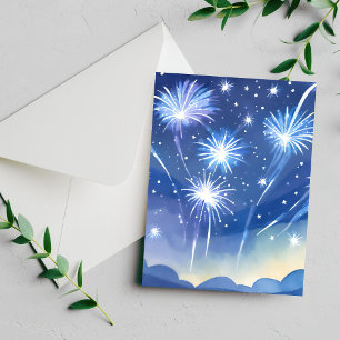 Cartes Pour Fêtes Annuelles Feux d'artifice bleus Aquarelle de célébration d
