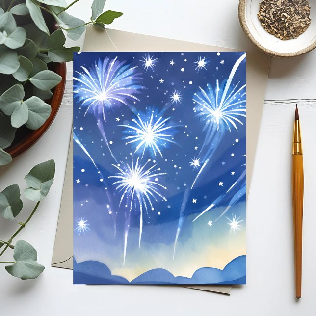 Cartes Pour Fêtes Annuelles Feux d'artifice bleus | Aquarelle de célébration d (Créateur téléchargé)