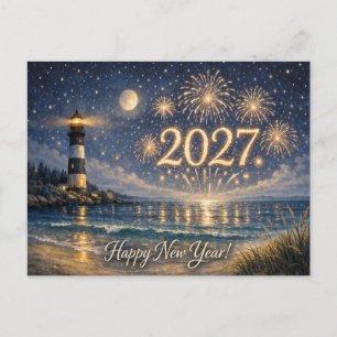 Cartes Pour Fêtes Annuelles Feux d'artifice du phare côtier Bonne Année 2027