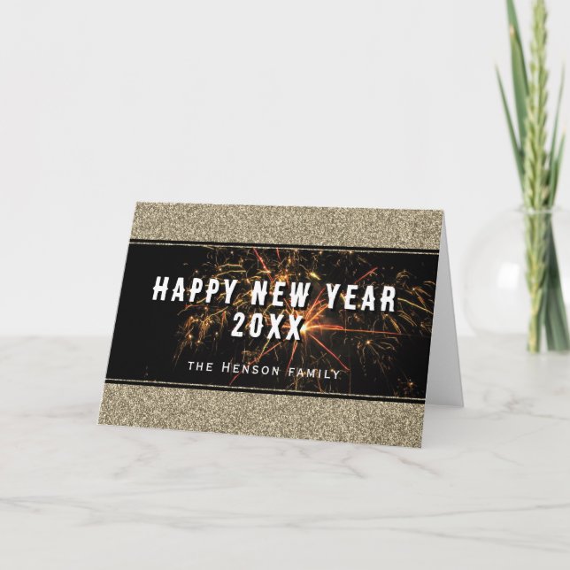 Cartes Pour Fêtes Annuelles Feux d'artifice Paillettes Dorées Bonne Année 2023 (Devant)