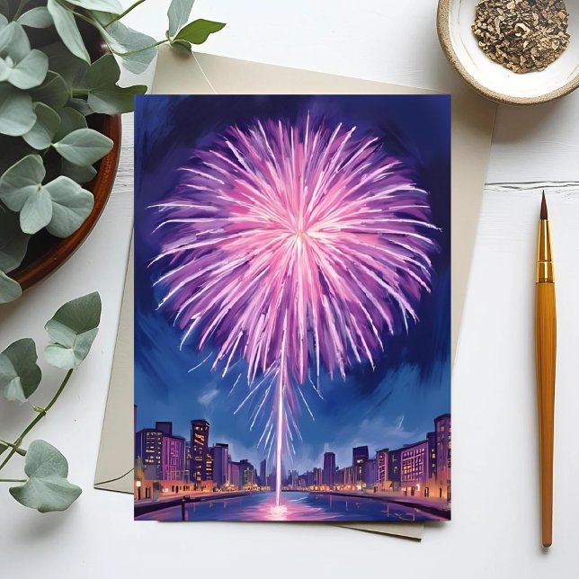 Cartes Pour Fêtes Annuelles Feux d'artifice violets | Bonne année aquarelle (Créateur téléchargé)