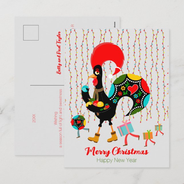 Cartes Pour Fêtes Annuelles Feux de Noël, baubles, cadeaux et coq (Devant / Derrière)
