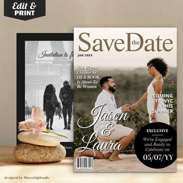 Cartes Pour Fêtes Annuelles Fiançailles de magazine moderne Enregistrer l'Invi (Modern Magazine Engagement Save the Date Invitation)