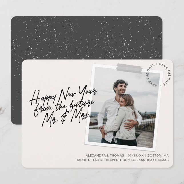 Cartes Pour Fêtes Annuelles Fiançailles du Nouvel An Enregistrer la date Creme (Devant / Derrière)