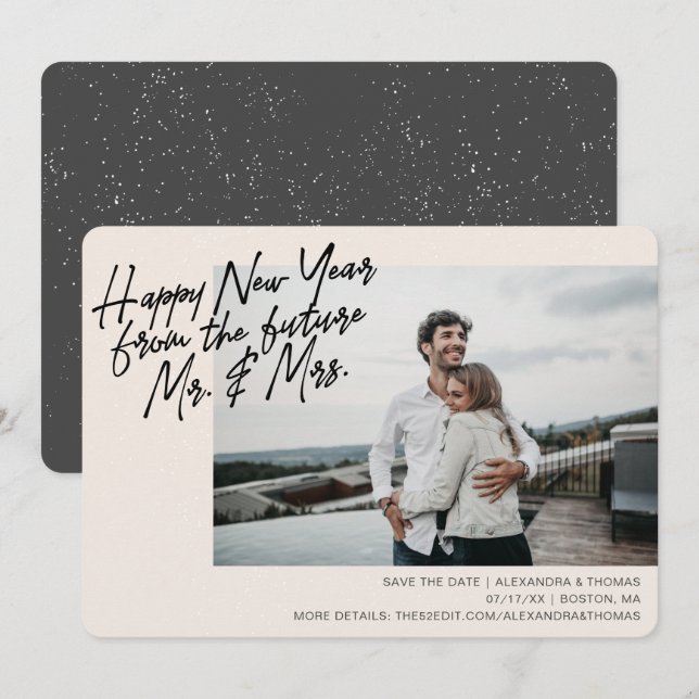 Cartes Pour Fêtes Annuelles Fiançailles Du Nouvel An Enregistrer La Date Creme (Devant / Derrière)